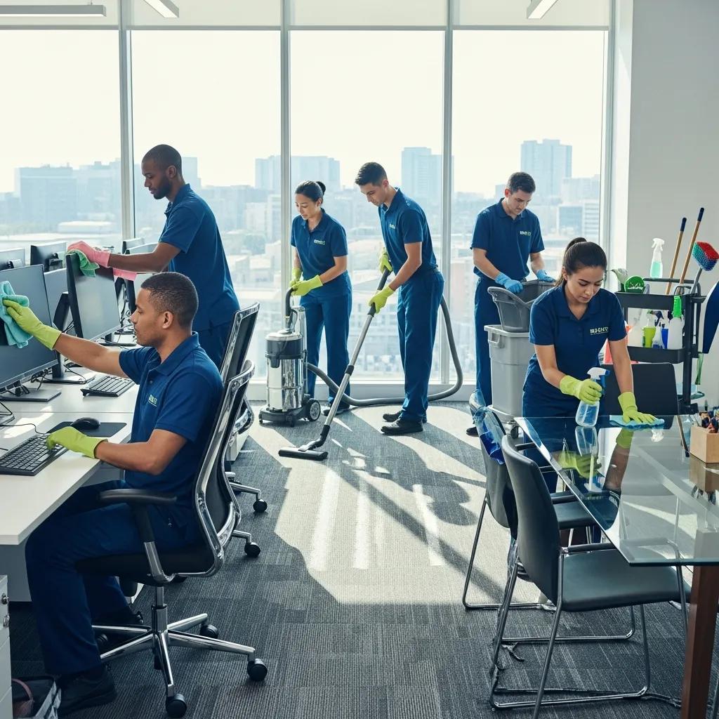 Professional cleaning team in a modern office, emphasizing cleanliness and productivity