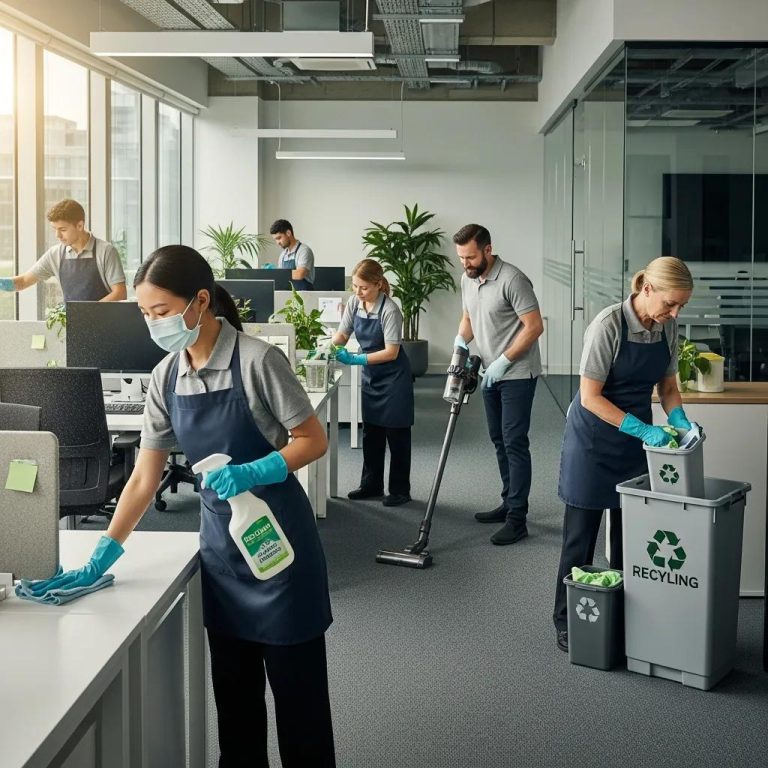 Professional cleaning team using eco-friendly products in a modern office