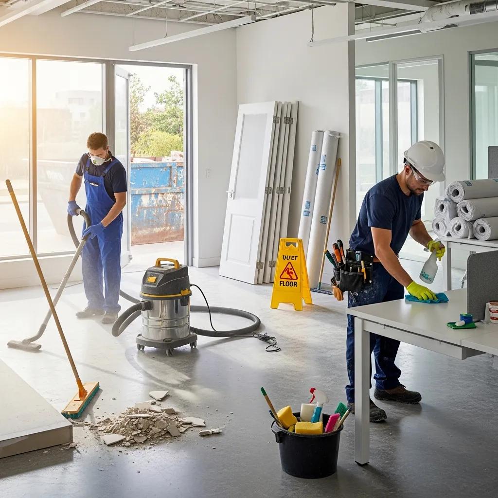 Workers cleaning a newly renovated office space after construction