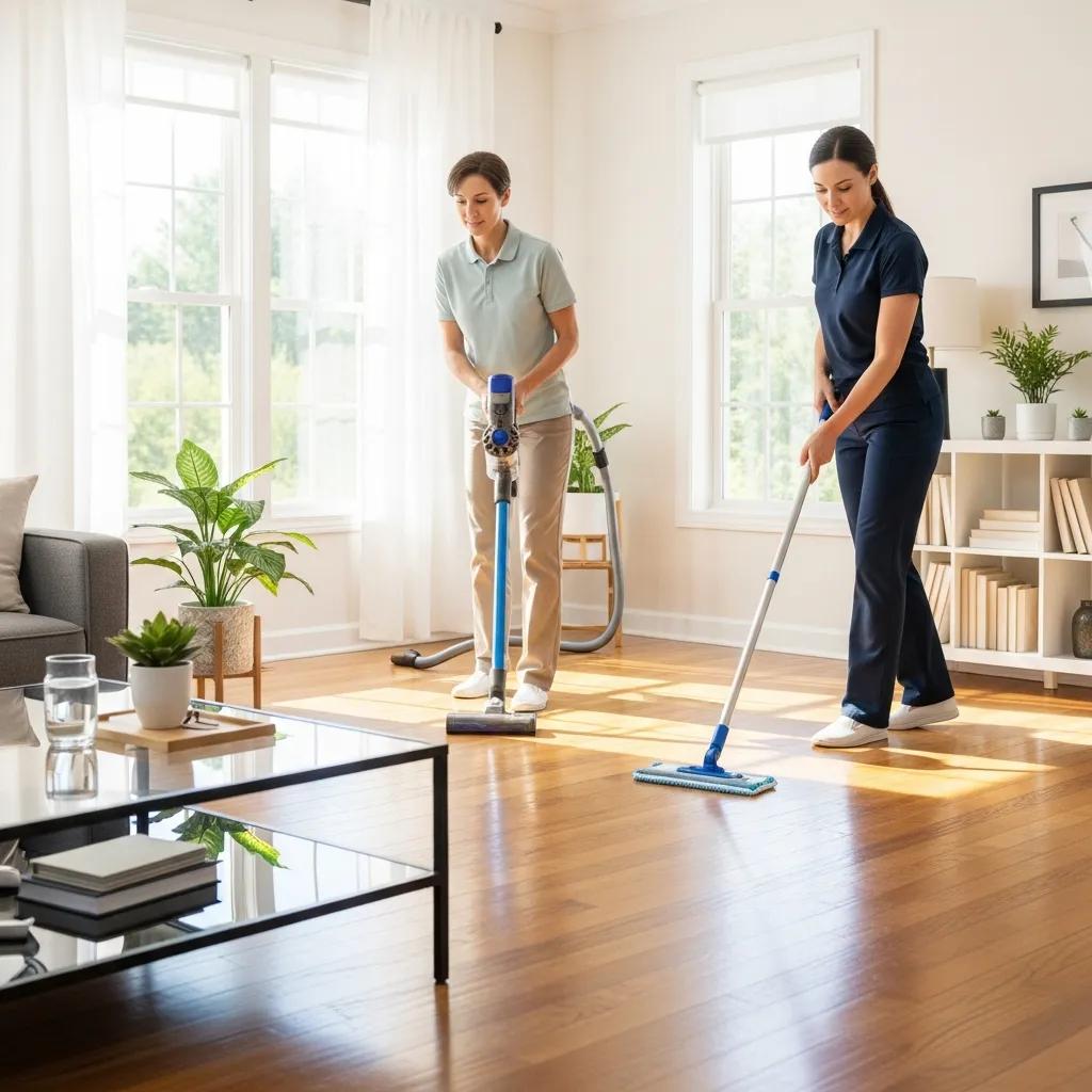 Professional cleaner in a spotless living space, emphasizing move-out cleaning services
